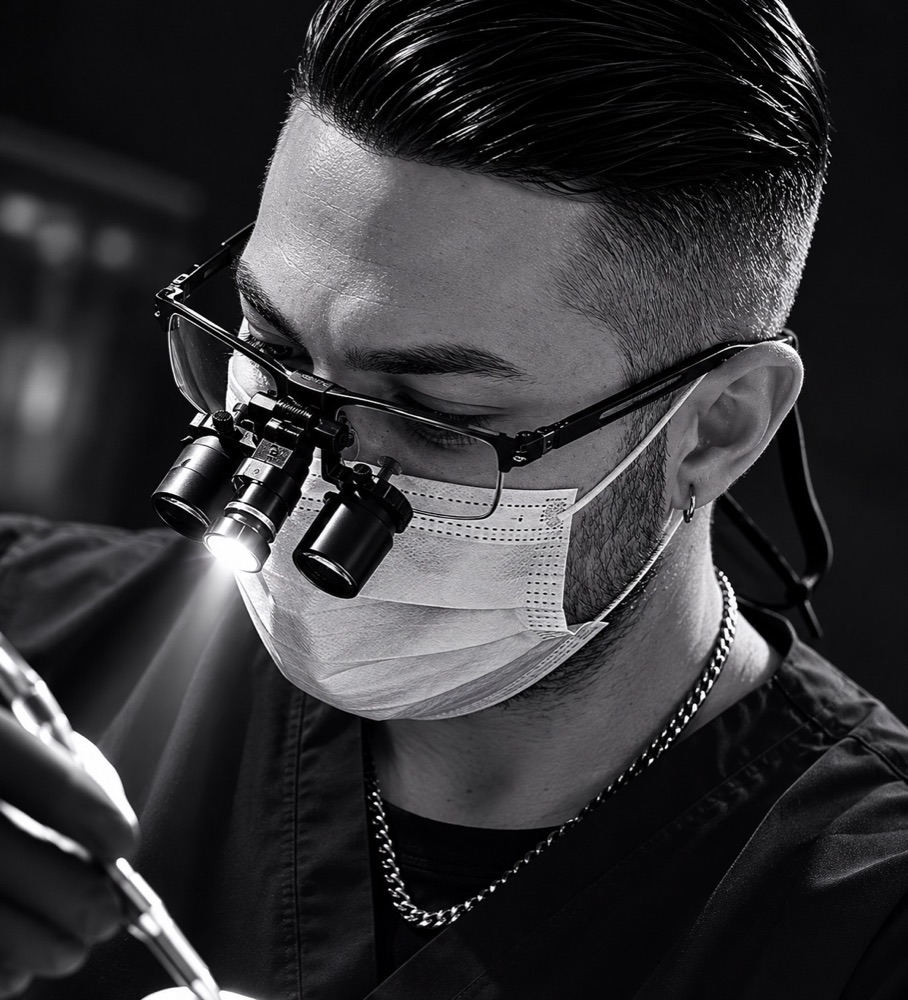 Dentist at work, wearing surgical loupes and a mask.